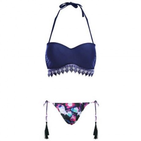 FRESH STYLE HALTER PURE COLOR BRA LOW WAIST FRINGED PRINTED BRIEFS BIKINI SET FOR WOMEN (P