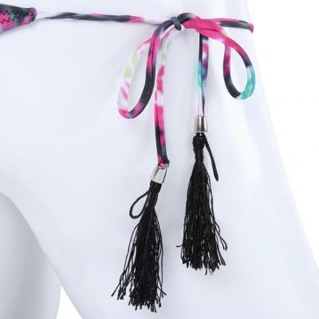 FRESH STYLE HALTER PURE COLOR BRA LOW WAIST FRINGED PRINTED BRIEFS BIKINI SET FOR WOMEN (P