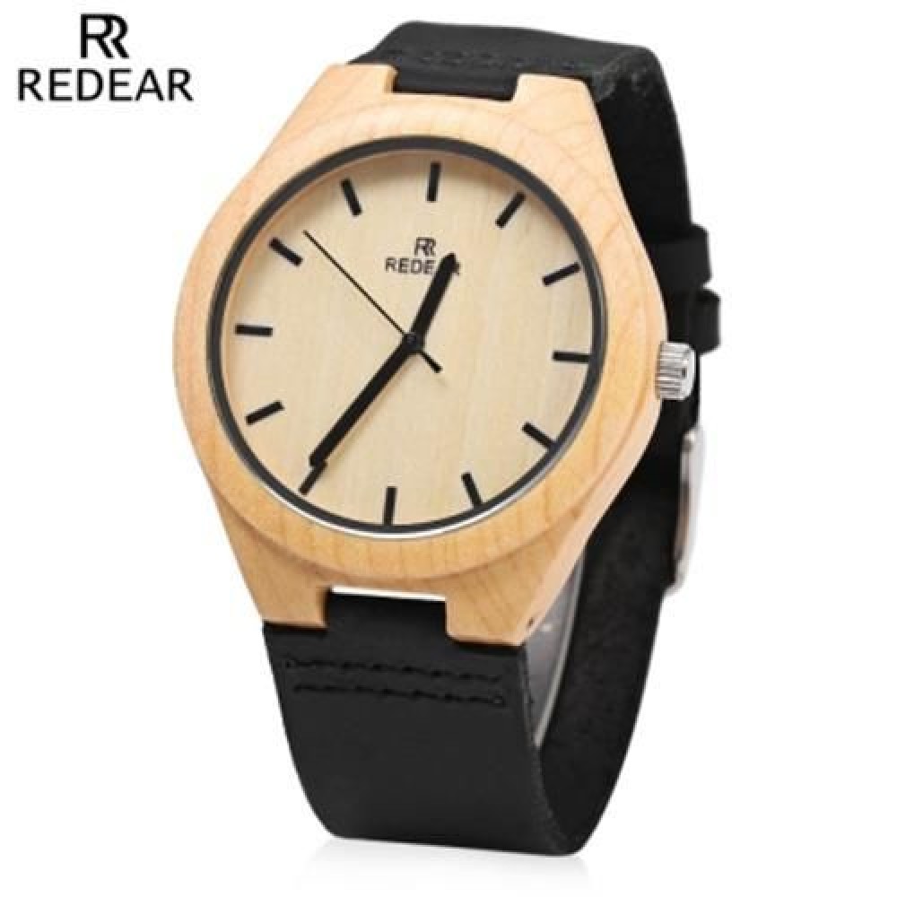 REDEAR QUARTZ WOODEN MALE WATCH SIMPLE ROUND DIAL LEATHER BAND LIGHTWEIGHT WRISTWATCH (BLA