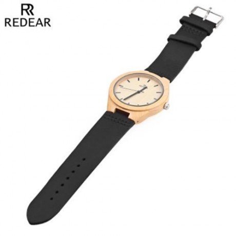REDEAR QUARTZ WOODEN MALE WATCH SIMPLE ROUND DIAL LEATHER BAND LIGHTWEIGHT WRISTWATCH (BLA