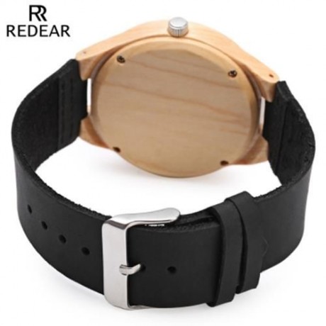 REDEAR QUARTZ WOODEN MALE WATCH SIMPLE ROUND DIAL LEATHER BAND LIGHTWEIGHT WRISTWATCH (BLA