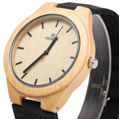 REDEAR QUARTZ WOODEN MALE WATCH SIMPLE ROUND DIAL LEATHER BAND LIGHTWEIGHT WRISTWATCH (BLA