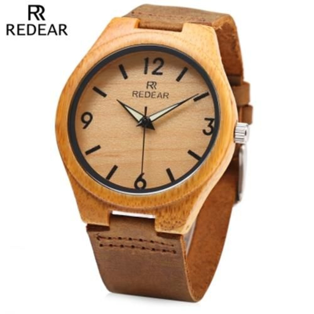 REDEAR SJ 1448 - 8 WOODEN FEMALE QUARTZ WATCH LEATHER STRAP LUMINOUS POINTER ANALOG WRISTW