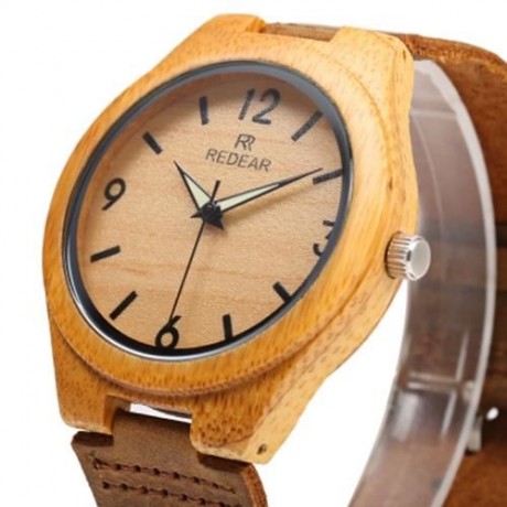 REDEAR SJ 1448 - 8 WOODEN FEMALE QUARTZ WATCH LEATHER STRAP LUMINOUS POINTER ANALOG WRISTW
