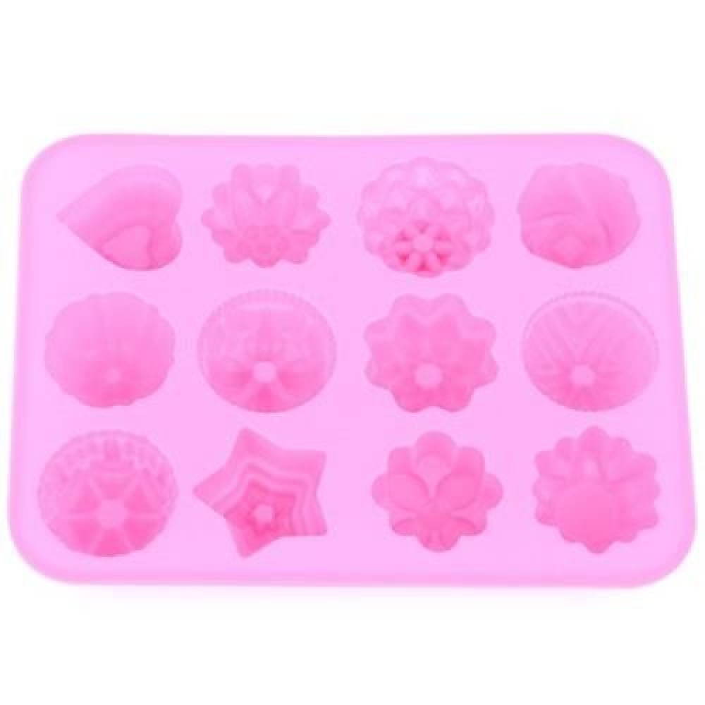 KITCHEN MUFFIN CAKE BAKEWARE 12 FLOWERS SILICONE RUBBER BAKING MOLD (PINK)