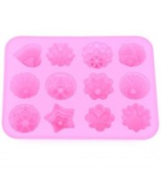 KITCHEN MUFFIN CAKE BAKEWARE 12 FLOWERS SILICONE RUBBER BAKING MOLD (PINK)