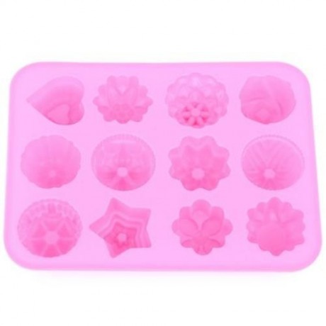 KITCHEN MUFFIN CAKE BAKEWARE 12 FLOWERS SILICONE RUBBER BAKING MOLD (PINK)