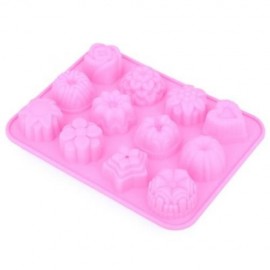 KITCHEN MUFFIN CAKE BAKEWARE 12 FLOWERS SILICONE RUBBER BAKING MOLD (PINK)