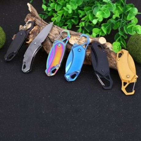 STAINLESS STEEL MINI FOLDING KNIFE KEY CHAIN WITH BUCKLE (BLUE)