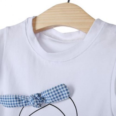 2PCS CUTE CLOTHING SET ROUND COLLAR T-SHIRT APPLIQUE SHORT SKIRT FOR GIRLS (WHITE)