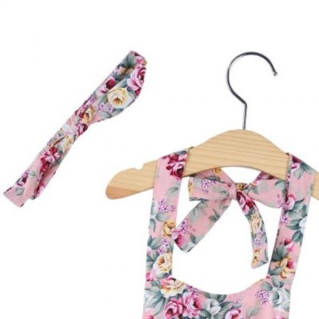 SWEET RUFFLED FLOWER BABIES BACKLESS ROMPERS WITH HEADBAND (PINK)