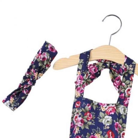 SWEET RUFFLED FLOWER BABIES BACKLESS ROMPERS WITH HEADBAND (PURPLISH BLUE)