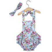 SWEET RUFFLED FLOWER BABIES BACKLESS ROMPERS WITH HEADBAND (LIGHT BLUE)