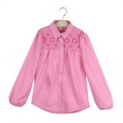 TURN-DOWN COLLAR OPENWORK FLOWERS GIRLS LONG SLEEVE SHIRT WITH BUTTON (PINK)