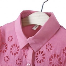 TURN-DOWN COLLAR OPENWORK FLOWERS GIRLS LONG SLEEVE SHIRT WITH BUTTON (PINK)