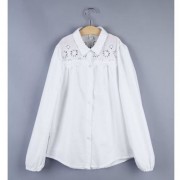 TURN-DOWN COLLAR OPENWORK FLOWERS GIRLS LONG SLEEVE SHIRT WITH BUTTON (WHITE)