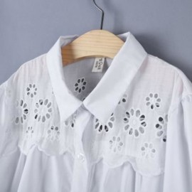 TURN-DOWN COLLAR OPENWORK FLOWERS GIRLS LONG SLEEVE SHIRT WITH BUTTON (WHITE)
