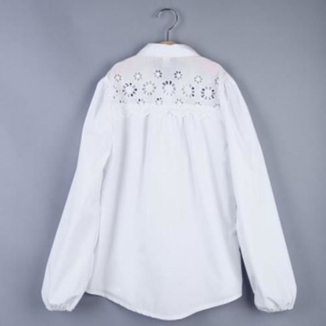 TURN-DOWN COLLAR OPENWORK FLOWERS GIRLS LONG SLEEVE SHIRT WITH BUTTON (WHITE)