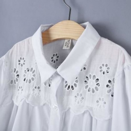 TURN-DOWN COLLAR OPENWORK FLOWERS GIRLS LONG SLEEVE SHIRT WITH BUTTON (WHITE)