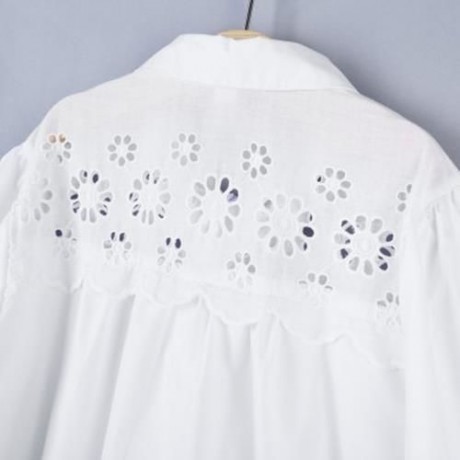 TURN-DOWN COLLAR OPENWORK FLOWERS GIRLS LONG SLEEVE SHIRT WITH BUTTON (WHITE)
