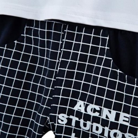 2PCS LATTICE PATTERN LOVELY CHILDREN SHORT SLEEVE T-SHIRT PANTS SUITS (CADETBLUE)