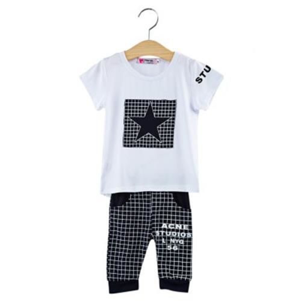 2PCS LATTICE PATTERN LOVELY CHILDREN SHORT SLEEVE T-SHIRT PANTS SUITS (CADETBLUE)