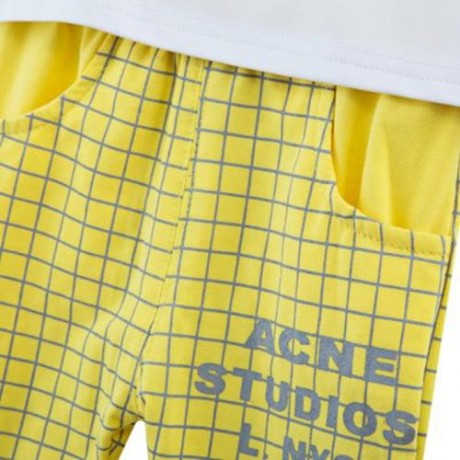 2PCS LATTICE PATTERN LOVELY CHILDREN SHORT SLEEVE T-SHIRT PANTS SUITS (YELLOW)