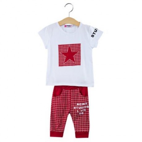 2PCS LATTICE PATTERN LOVELY CHILDREN SHORT SLEEVE T-SHIRT PANTS SUITS (CLARET)