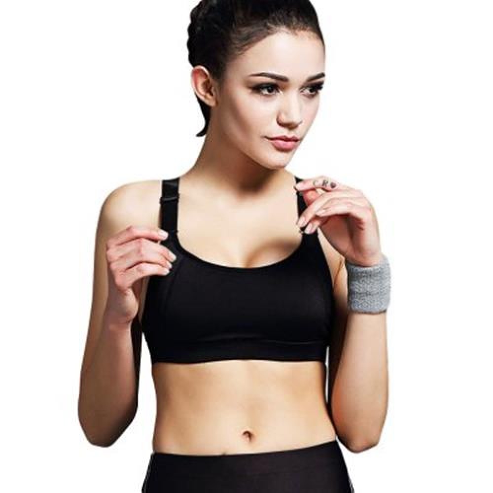 WOMEN BREATHABLE ADJUSTABLE ELASTIC SOLID COLOR WIRELESS YOGA SPORT VEST BRA (BLACK)
