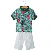 2PCS CASUAL TURN DOWN COLLAR SHORT SLEEVE T-SHIRT WITH HOLE HALF PANTS FOR BOYS (WHITE AND