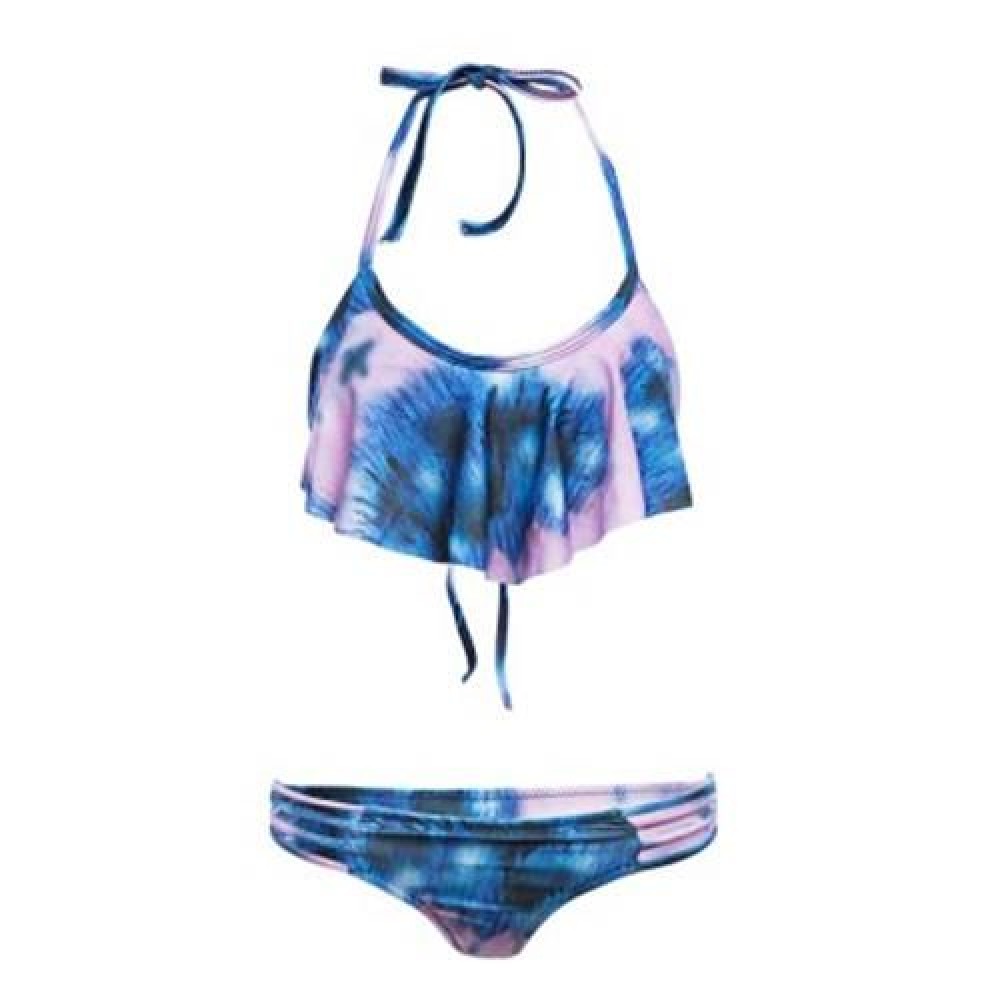 FRESH STYLE HALTER OMBRE LOW WAIST CUT OUT TWO PIECE SWIMWEAR FOR WOMEN (BLUE)