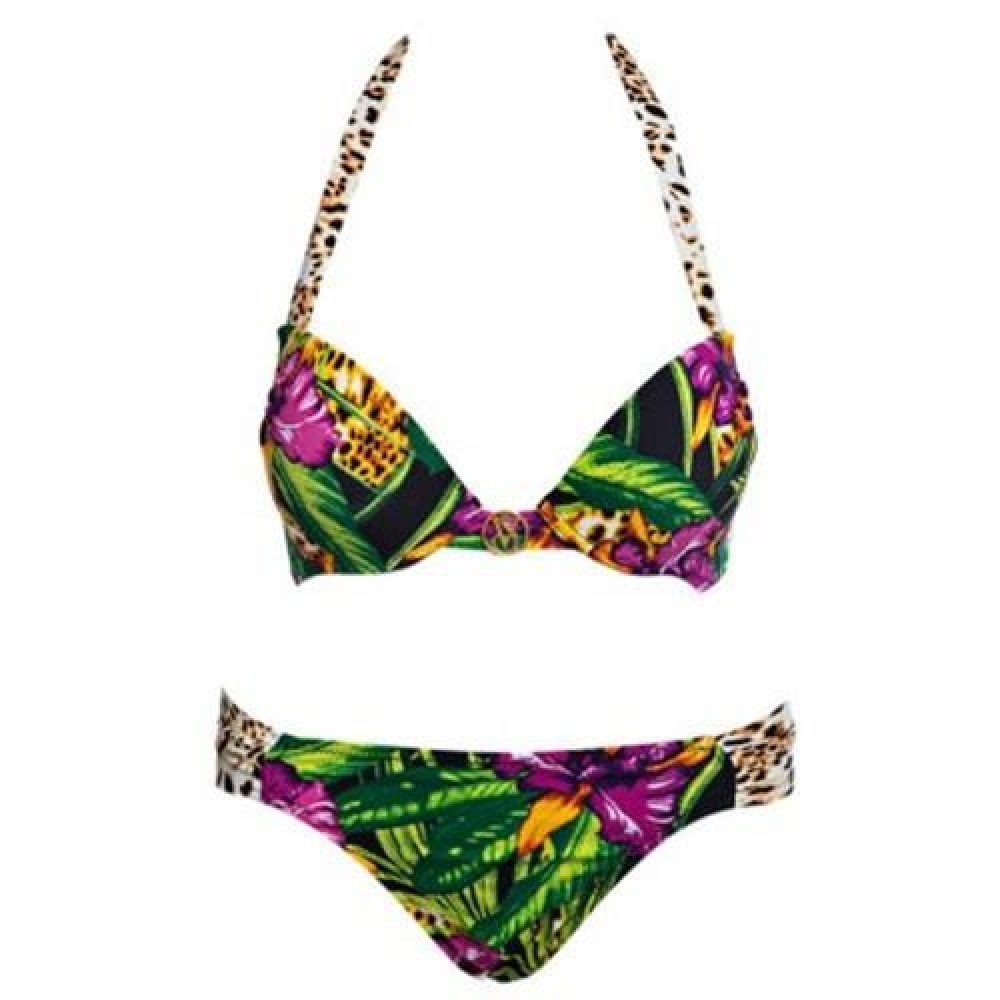 SEXY LADIES HALTERNECK  LEOPARD FLORAL LACING SWIMSUIT (COLORMIX)