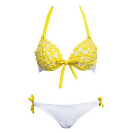 SEXY LADIES FLORAL TANKINIS PUSH-UP PADDED BRA BIKINI SET SWIMSUIT (WHITE AND YELLOW)