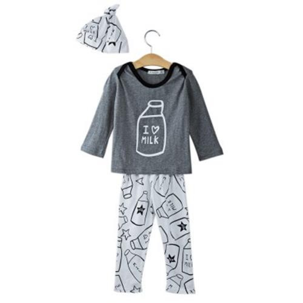 3PCS JEWEL COLLAR LONG SLEEVE MILK BOTTLE PRINTED T-SHIRT LONG PANTS WITH HAT FOR BABY BOY 3PCS JEWEL COLLAR LONG SLEEVE MILK BOTTLE PRINTED T-SHIRT LONG PANTS WITH HAT FOR BABY BOY