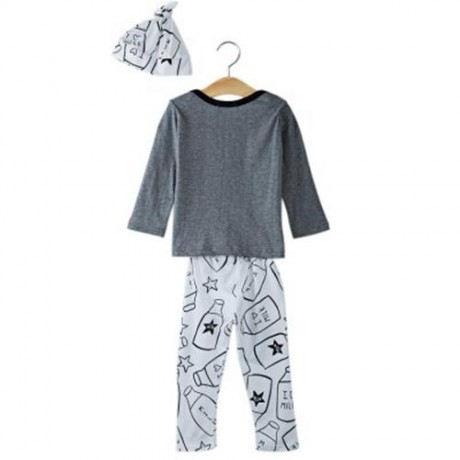 3PCS JEWEL COLLAR LONG SLEEVE MILK BOTTLE PRINTED T-SHIRT LONG PANTS WITH HAT FOR BABY BOY