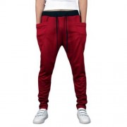 CASUAL DRAWSTING POCKET DESIGN COTTON BLEND HAREM PANTS FOR MEN (WINE RED)
