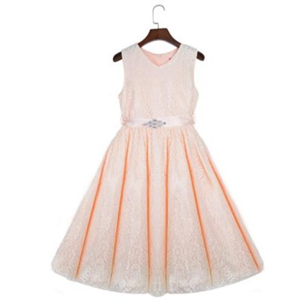 REFINED V-NECK SLEEVELESS FLOWER LACE PARTY DRESS WITH RHINESTONE BELT FOR GIRLS (APRICOT) REFINED V-NECK SLEEVELESS FLOWER LACE PARTY DRESS WITH RHINESTONE BELT FOR GIRLS (APRICOT)