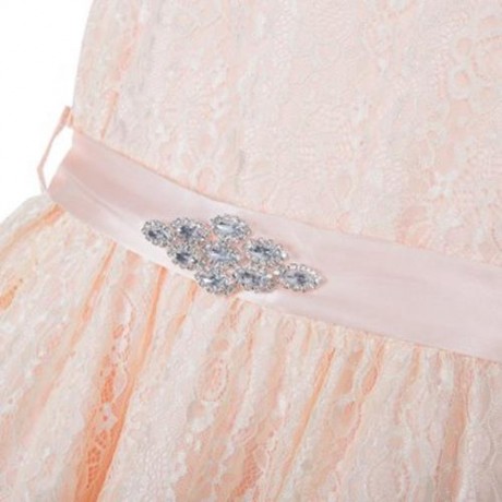 REFINED V-NECK SLEEVELESS FLOWER LACE PARTY DRESS WITH RHINESTONE BELT FOR GIRLS (APRICOT)