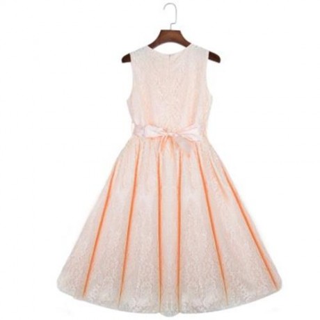 REFINED V-NECK SLEEVELESS FLOWER LACE PARTY DRESS WITH RHINESTONE BELT FOR GIRLS (APRICOT)