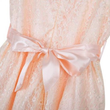 REFINED V-NECK SLEEVELESS FLOWER LACE PARTY DRESS WITH RHINESTONE BELT FOR GIRLS (APRICOT)