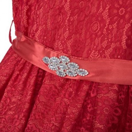 REFINED V-NECK SLEEVELESS FLOWER LACE PARTY DRESS WITH RHINESTONE BELT FOR GIRLS (RED)