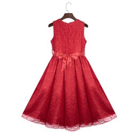 REFINED V-NECK SLEEVELESS FLOWER LACE PARTY DRESS WITH RHINESTONE BELT FOR GIRLS (RED)