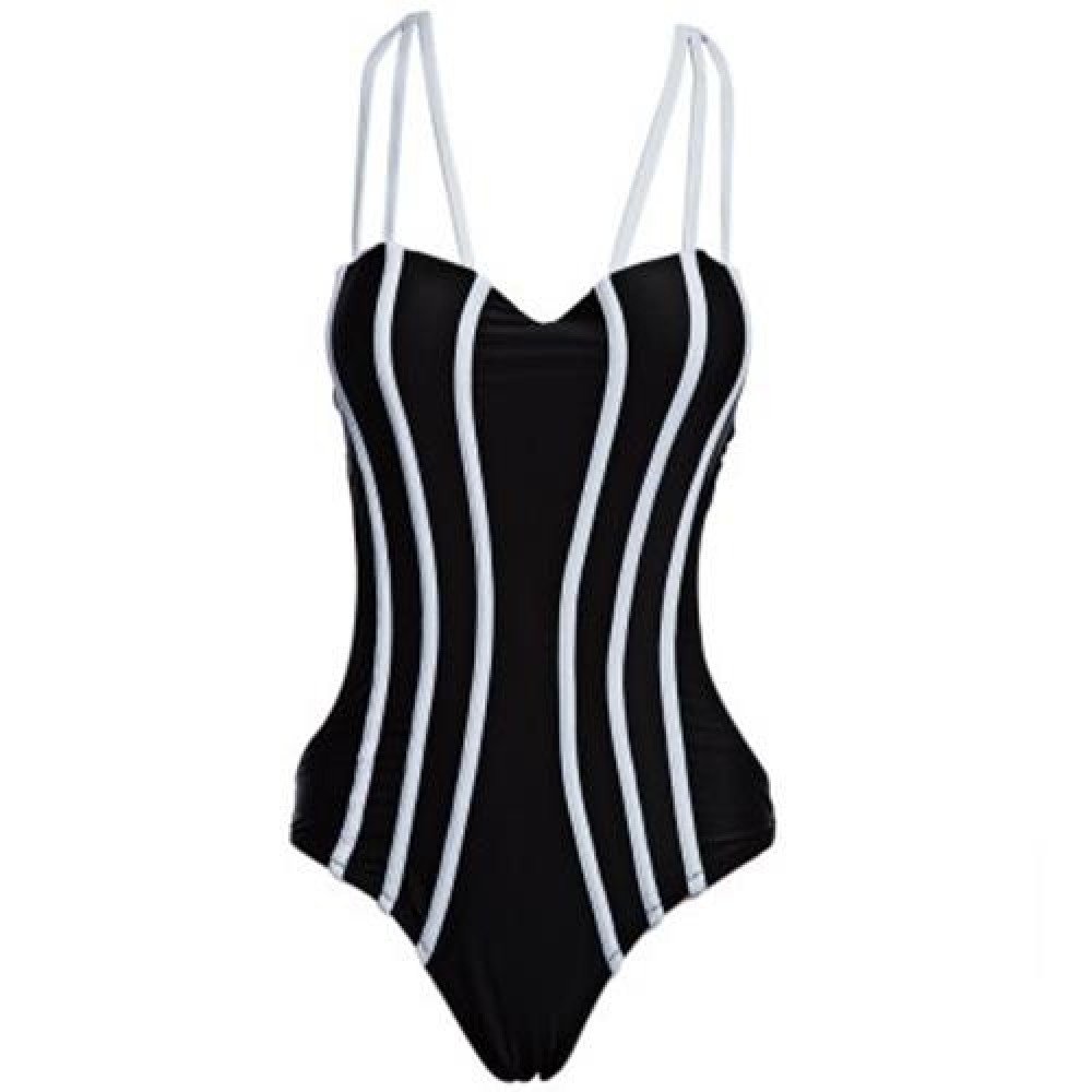 STYLISH STRIPE PATTERN SLIMMING BIKINI WITH ADJUSTABLE SHOULDER STRAPS (BLACK)