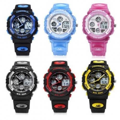 HOSKA H003B 5ATM DUAL MOVT CHILDREN SPORT WATCH CHRONOGRAPH CALENDAR ALARM BACKLIGHT WRIST