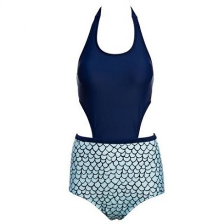 TRENDY SEXY FISH SCALE PATTERN HALTER SWIMWEAR (BLUE)