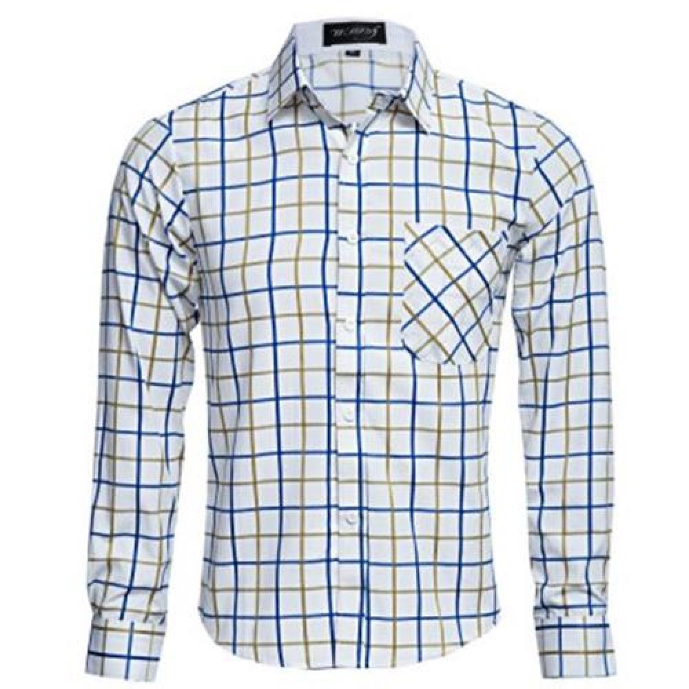 CASUAL TURN DOWN COLLAR LONG SLEEVE PLAID PRINT BUTTON AND POCKET DESIGN SHIRT FOR MEN (YE