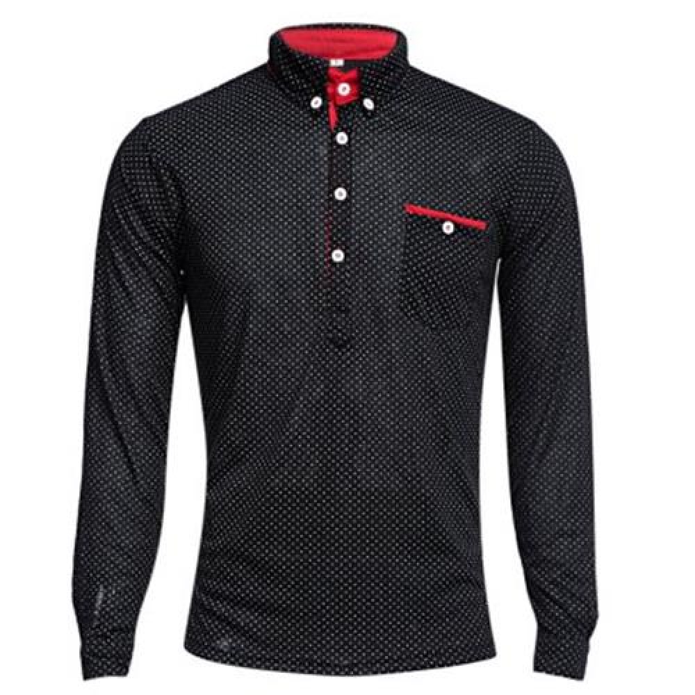TRENDY STAND COLLAR LONG SLEEVE DOT PRINT SHIRT FOR MEN (BLACK)