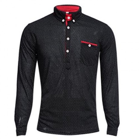 TRENDY STAND COLLAR LONG SLEEVE DOT PRINT SHIRT FOR MEN (BLACK)