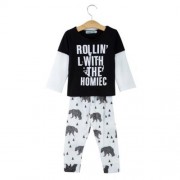 2PCS CUTE CHILDREN ROUND COLLAR T-SHIRT ANIMAL PATTERN PANTS (BLACK)