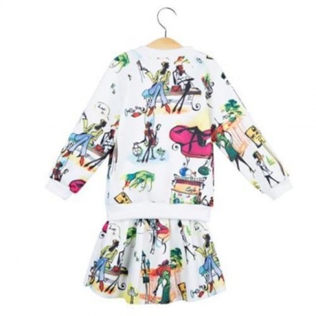 2PCS CASUAL PRINTED LONG SLEEVE JACKET WITH ELASTIC WAIST SKIRT CLOTHING SET FOR GIRLS (CO